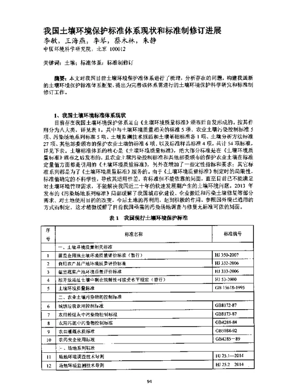 我国土壤环境保护标准体系现状和标准制修订进展