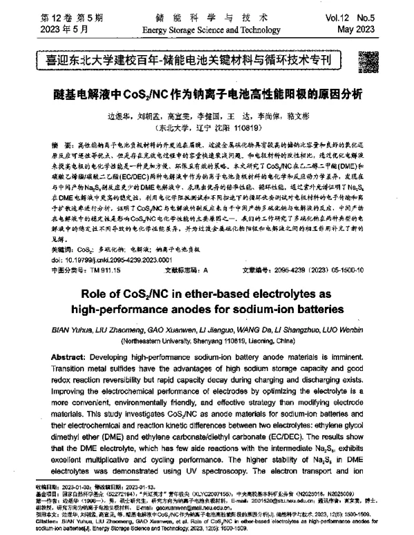 醚基电解液中CoS2NC作为钠离子电池高性能阳极的原因分析
