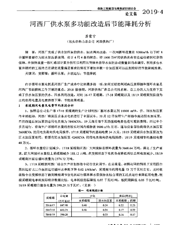 河西厂供水泵多功能改造后节能降耗分析