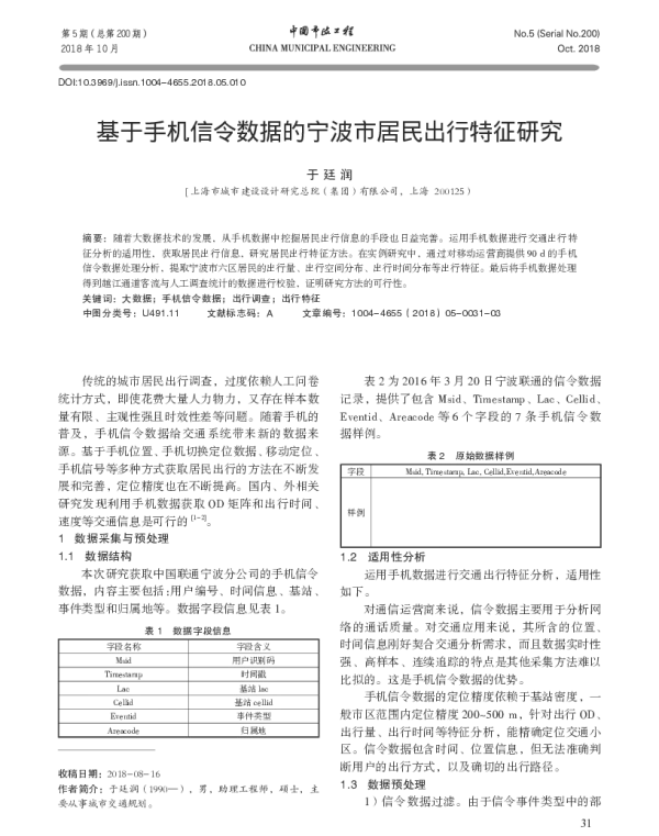 基于手机信令数据的宁波市居民出行特征研究