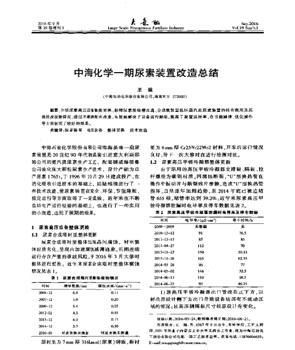 中海化学一期尿素装置改造总结