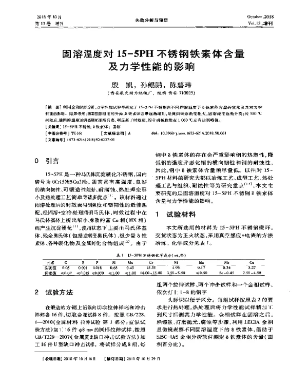 固溶温度对15-5PH不锈钢铁素体含量及力学性能的影响