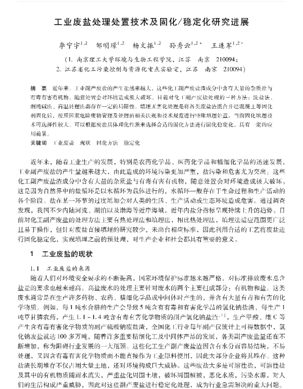 工业废盐处理处置技术及固化稳定化研究进展