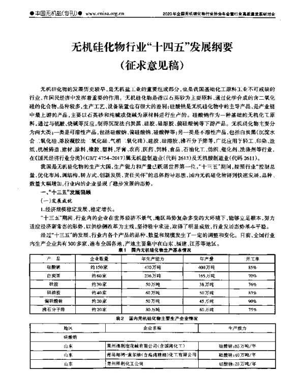 无机硅化物行业“十四五”发展纲要(征求意见稿)