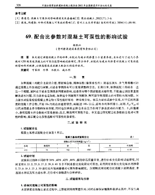 配合比参数对混凝土可泵性的影响试验