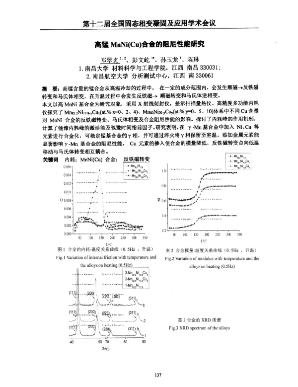 高锰MnNi(Cu)合金的阻尼性能研究