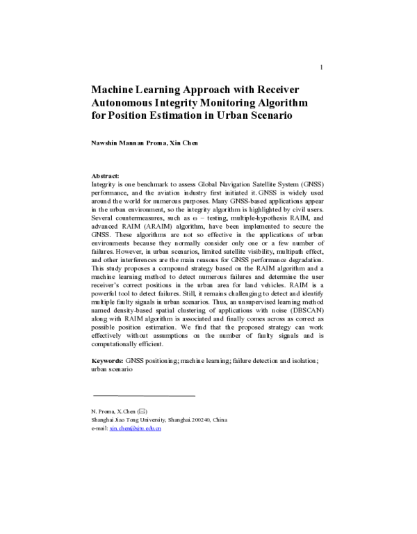 MachineLearningApproachwithReceiverAutonomousIntegrityMonitoringAlgorithmforPositionEstimationinUrbanScenario