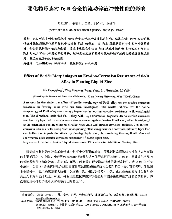硼化物形态对Fe-B合金抗流动锌液冲蚀性能的影响