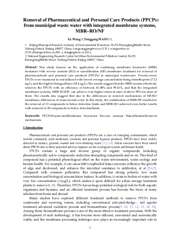 RemovalofPharmaceuticalandPersonalCareProducts(PPCPs)frommunicipalwastewaterwithintegratedmembranesystemsMBRRONF