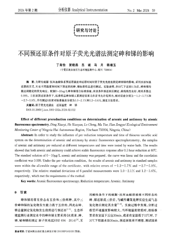 不同预还原条件对原子荧光光谱法测定砷和锑的影响