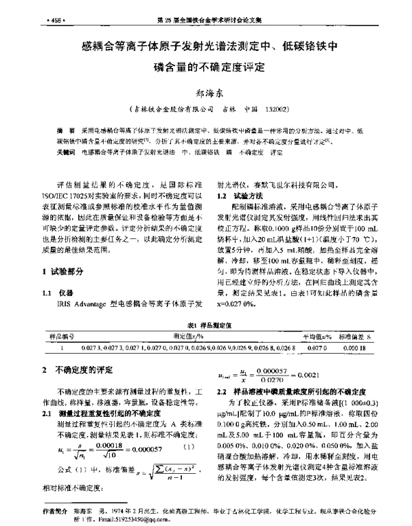 感耦合等离子体原子发射光谱法测定中、低碳铬铁中磷含量的不确定度评定