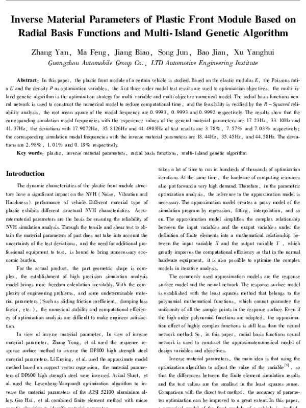 InverseMaterialParametersofPlasticFrontModuleBasedonRadialBasisFunctionsandMulti-IslandGeneticAlgorithm