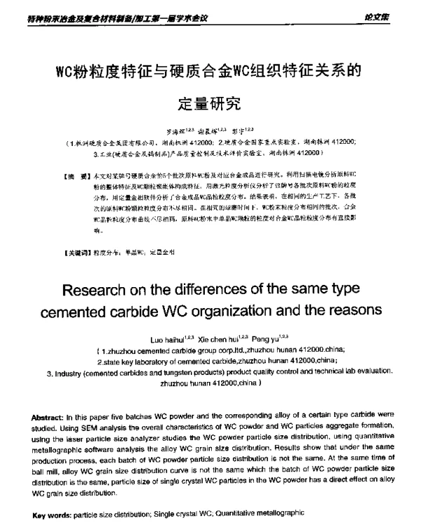 WC粉粒度特征与硬质合金WC组织特征关系的定量研究