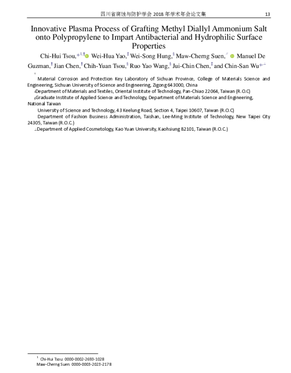 InnovativePlasmaProcessofGraftingMethylDiallylAmmoniumSaltontoPolypropylenetoImpartAntibacterialandHydrophilicSurfaceProperties