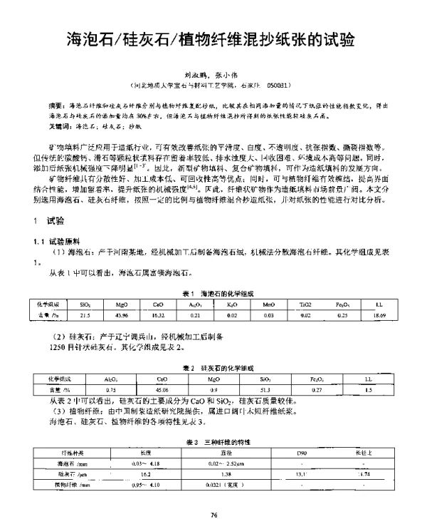 海泡石硅灰石植物纤维混抄纸张的试验
