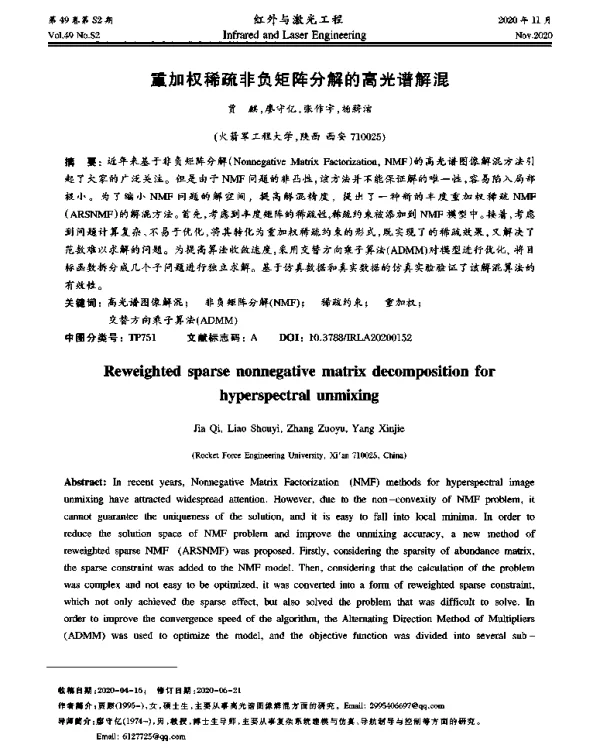 重加权稀疏非负矩阵分解的高光谱解混