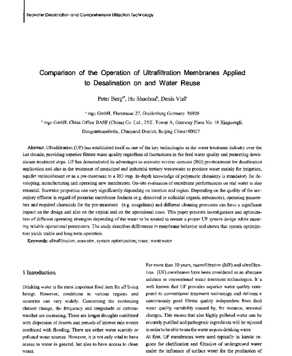 ComparisonoftheOperationofUltrafiltrationMembranesAppliedtoDesalinationonandWaterReuse