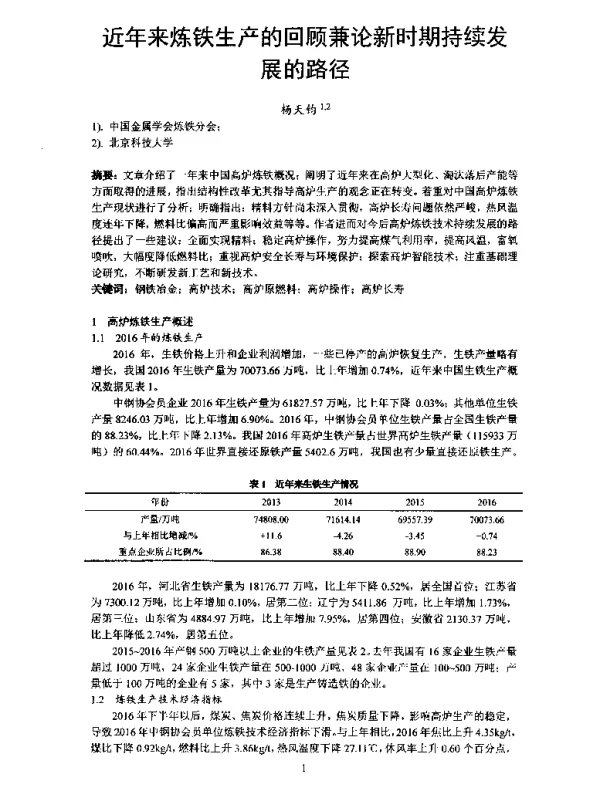 近年来炼铁生产的回顾兼论新时期持续发展的路径