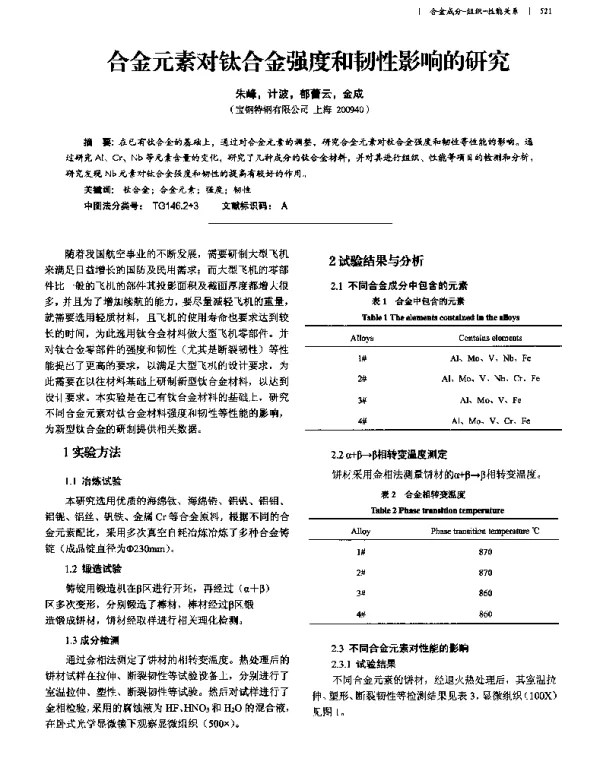 合金元素对钛合金强度和韧性影响的研究