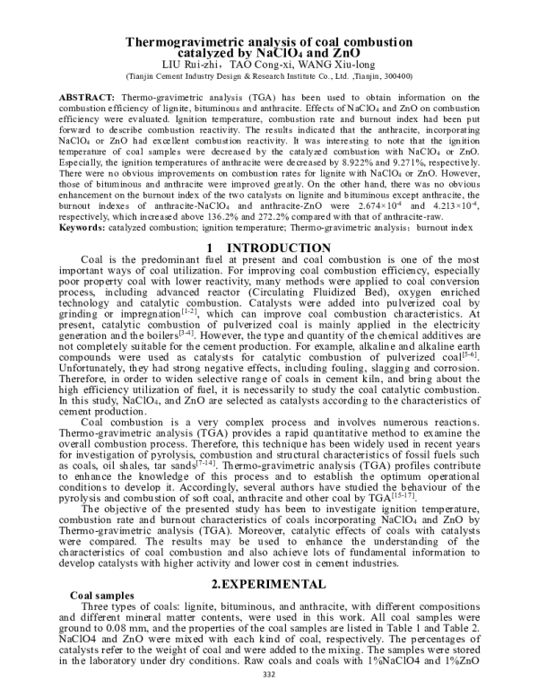 ThermogravimetricanalysisofcoalcombustioncatalyzedbyNaClO4andZnO