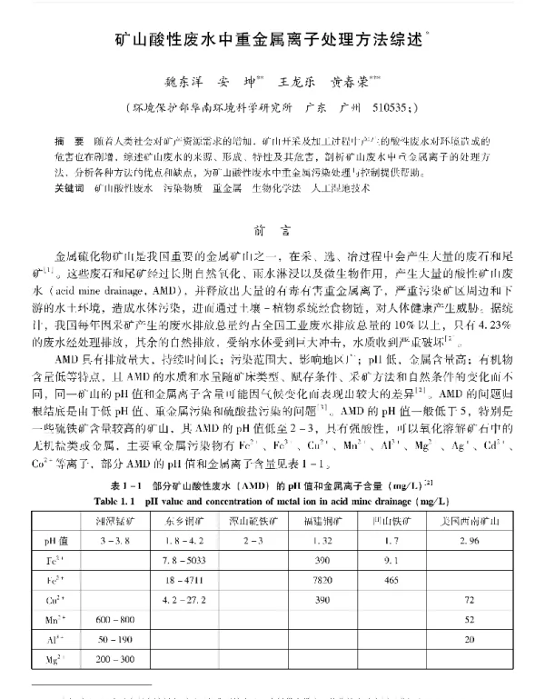 矿山酸性废水中重金属离子处理方法综述