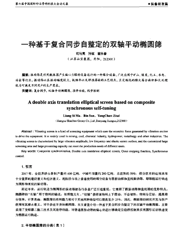 一种基于复合同步自整定的双轴平动椭圆筛