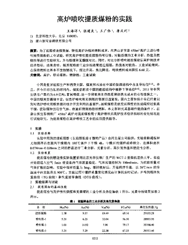 高炉喷吹提质煤粉的实践
