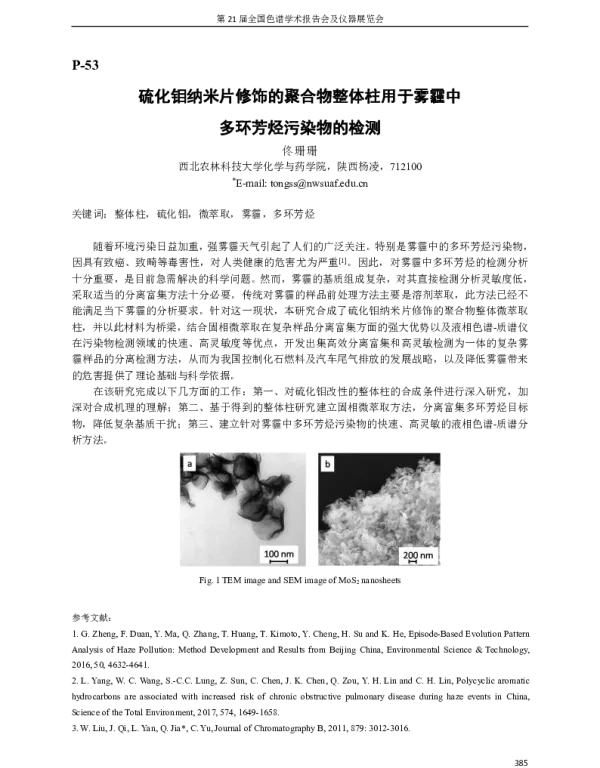 硫化钼纳米片修饰的聚合物整体柱用于雾霾中多环芳烃污染物的检测