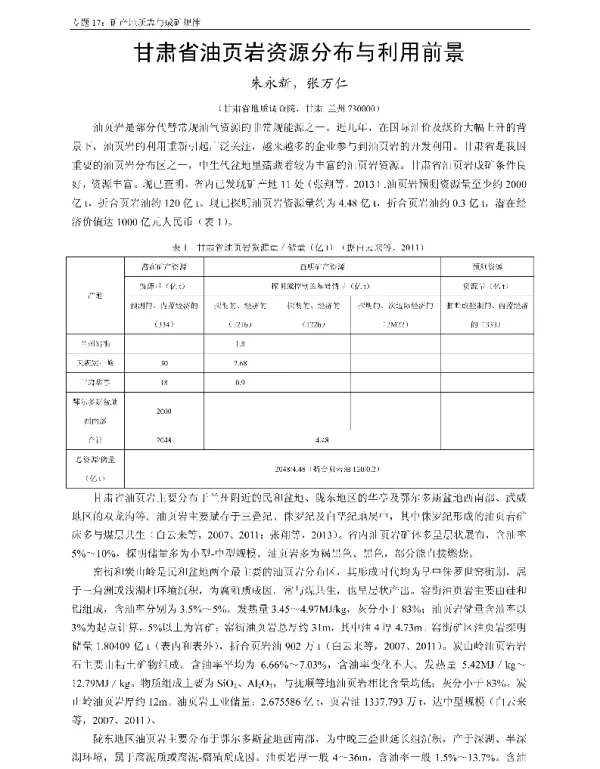 甘肃省油页岩资源分布与利用前景