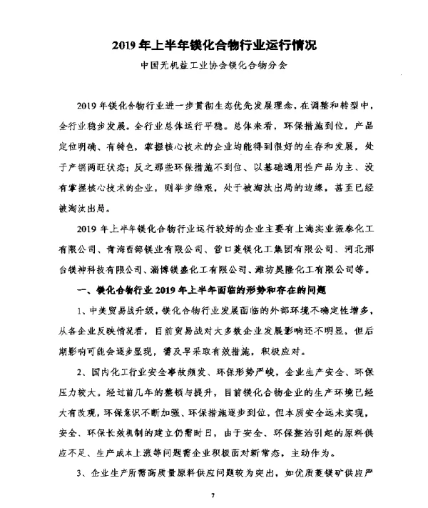 2019年上半年镁化合物行业运行情况