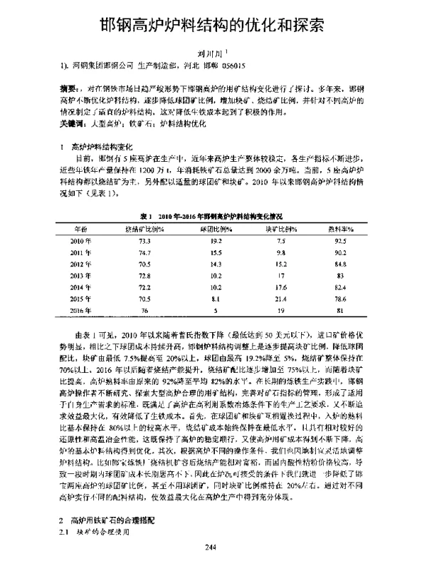 邯钢高炉炉料结构的优化和探索