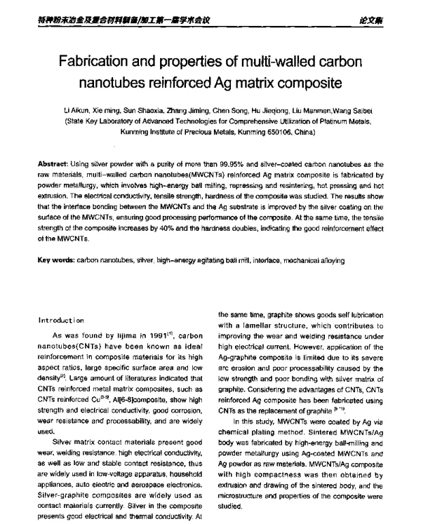 Fabricationandpropertiesofmulti-walledcarbonnanotubesreinforcedAgmatrixcomposite