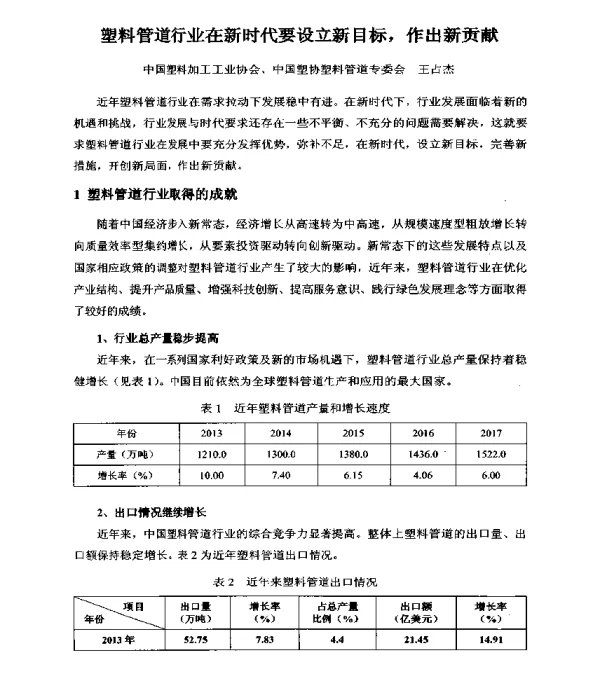 塑料管道行业在新时代要设立新目标作出新贡献