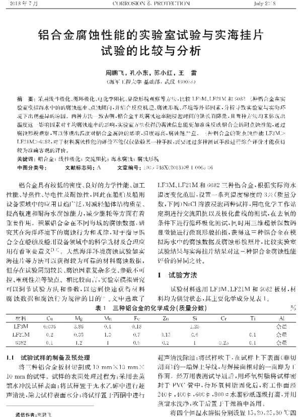 铝合金腐蚀性能的实验室试验与实海挂片试验的比较与分析