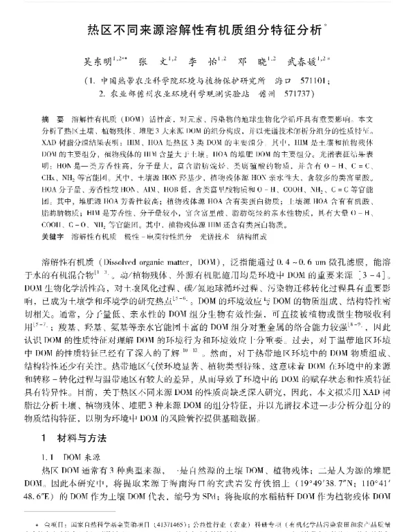 热区不同来源溶解性有机质组分特征分析