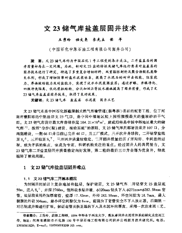 文23储气库盐盖层固井技术