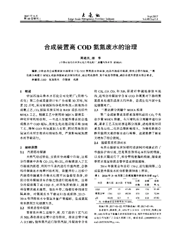 合成装置高COD氨氮废水的治理