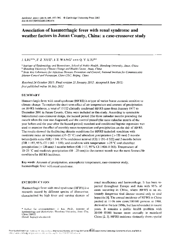 AssociationofhaemorrhagicfeverwithrenalsyndromeandweatherfactorsinJunanCountyChinaacase-crossoverstudy