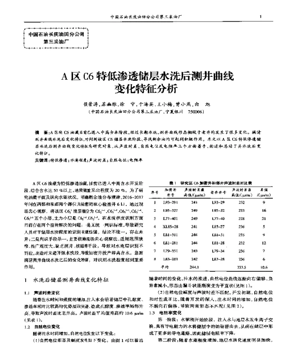 A区C6特低渗透储层水洗后测井曲线变化特征分析