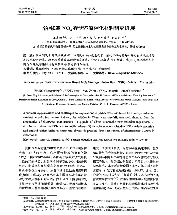 铂钡基NOx存储还原催化材料研究进展
