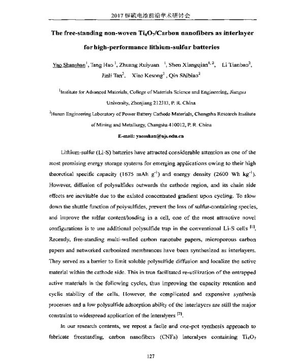 Thefree-standingnon-wovenTi4O7Carbonnanofibersasinterlayerforhigh-performancelithium-sulfurbatteries