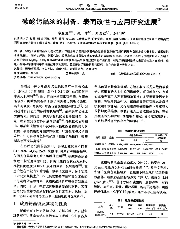 碳酸钙晶须的制备、表面改性与应用研究进展