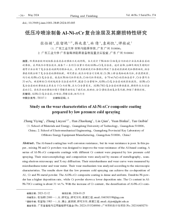 低压冷喷涂制备Al-Ni-xCr复合涂层及其磨损特性研究