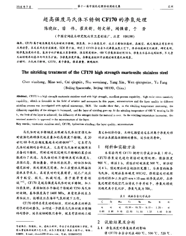 超高强度马氏体不锈钢CF170的渗氮处理