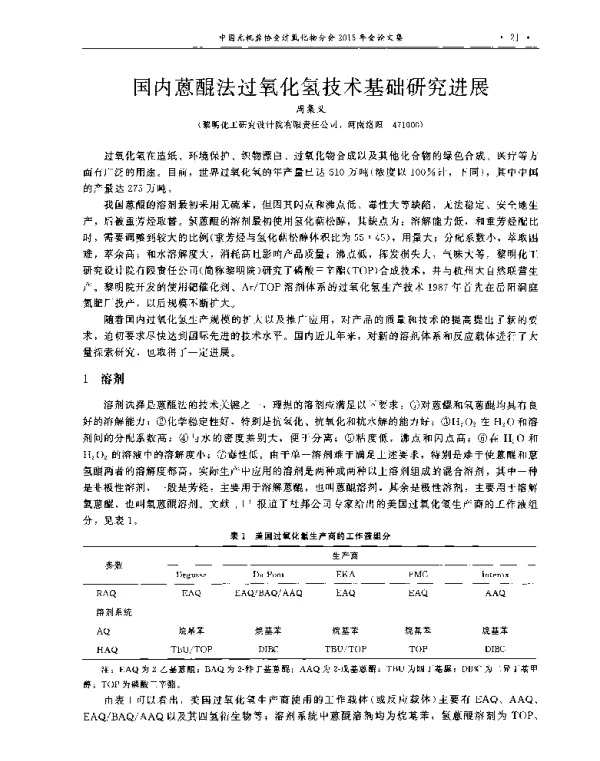 国内蒽醌法过氧化氢技术基础研究进展