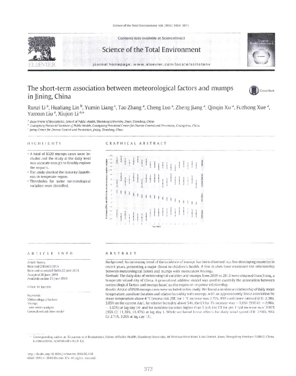 Theshort-termassociationbetweenmeteorologicalfactorsandmumpsinJiningChina
