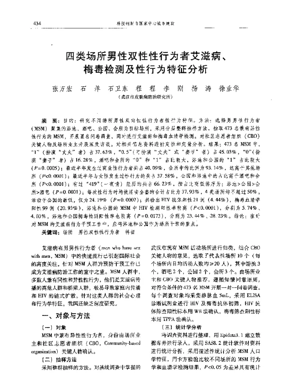 四类场所男性双性性行为者艾滋病、梅毒检测及性行为特征分析