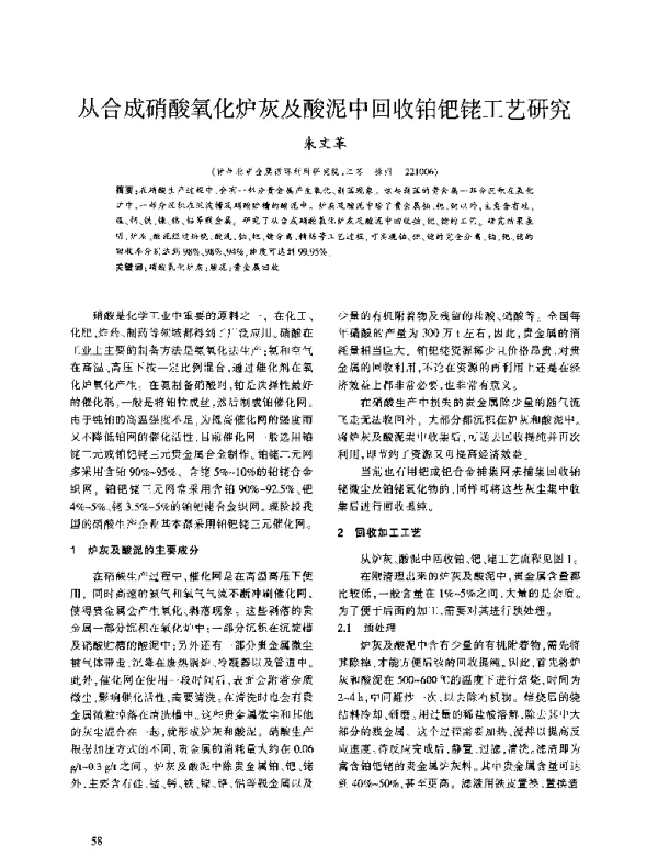 从合成硝酸氧化炉灰及酸泥中回收铂钯铑工艺研究