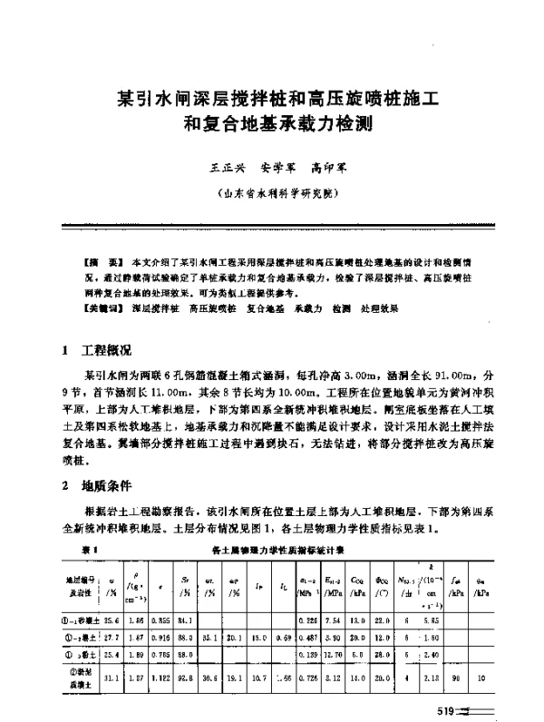 某引水闸深层搅拌桩和高压旋喷桩施工和复合地基承载力检测