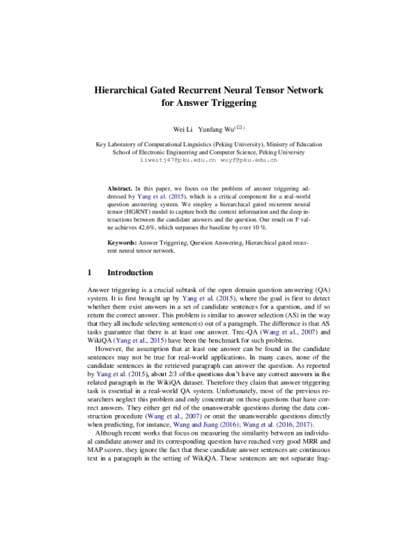 HierarchicalGatedRecurrentNeuralTensorNetworkforAnswerTriggering